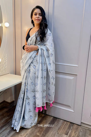 Penguin Grey Cotton Saree Penguin Grey Cotton Saree