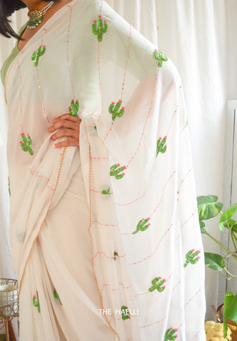The Cactus Story White Georgette Saree The Cactus Story White Georgette Saree