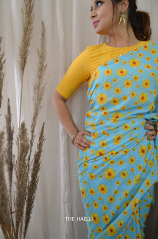 Sunflower Blue Cotton Saree Sunflower Blue Cotton Saree