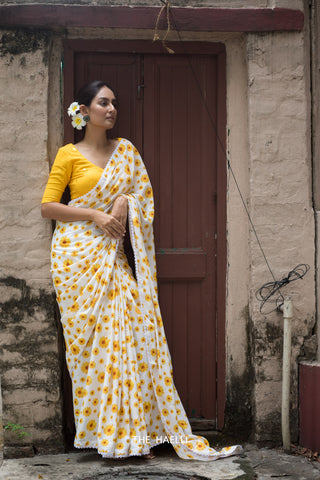 Sunflower White Cotton Saree Sunflower White Cotton Saree
