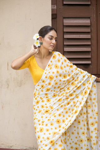 Sunflower White Cotton Saree Sunflower White Cotton Saree