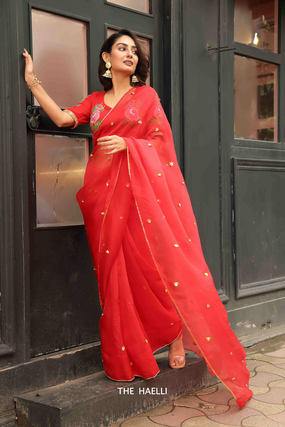 red saree dress Red Ruffle Saree: Stitched Embroidered Blouse, Ready to Wear