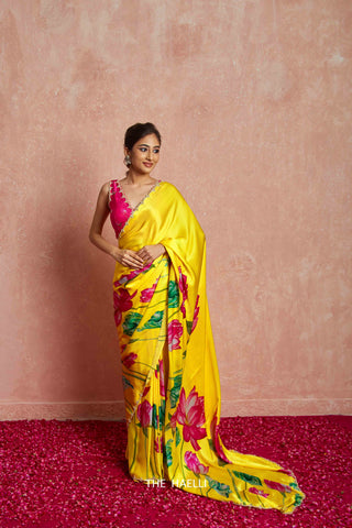 Kumud Yellow Satin Silk Saree Kumud Yellow Satin Silk Saree