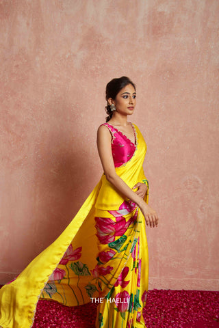 Kumud Yellow Satin Silk Saree Kumud Yellow Satin Silk Saree
