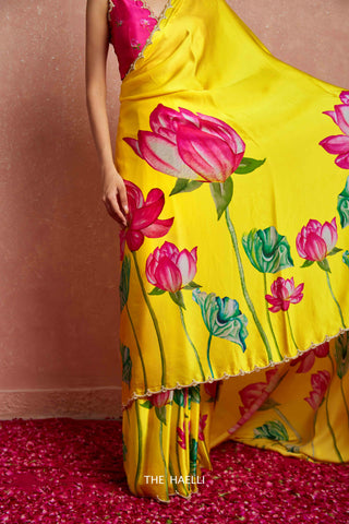 Kumud Yellow Satin Silk Saree Kumud Yellow Satin Silk Saree