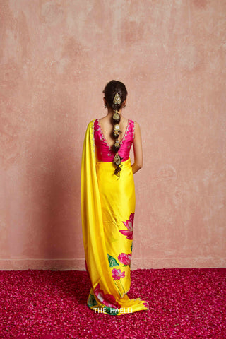 Kumud Yellow Satin Silk Saree Kumud Yellow Satin Silk Saree