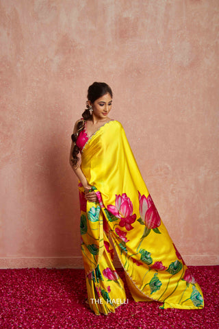 Kumud Yellow Satin Silk Saree Kumud Yellow Satin Silk Saree