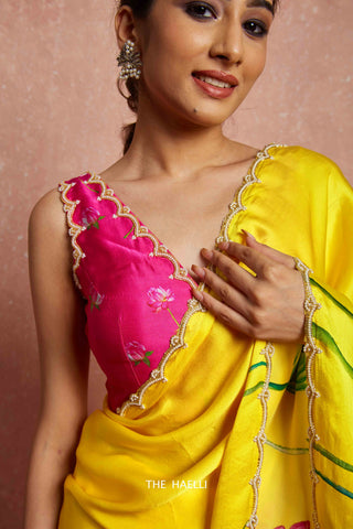 Kumud Yellow Satin Silk Saree Kumud Yellow Satin Silk Saree