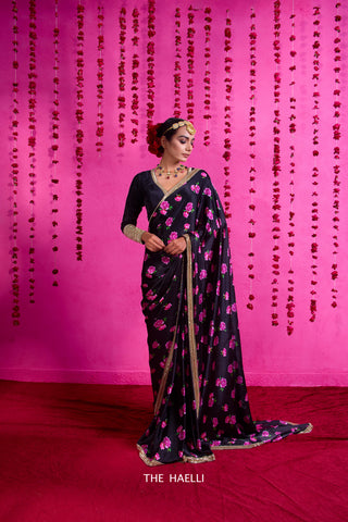 Raavi Black Satin Silk Saree Raavi Black Satin Silk Saree