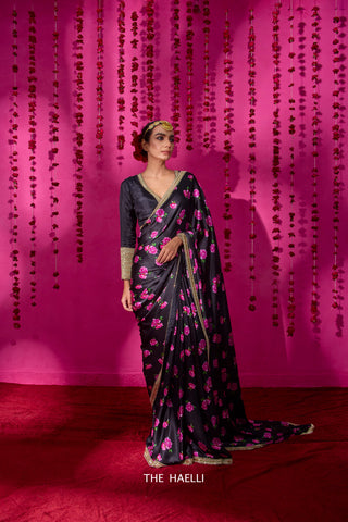 Raavi Black Satin Silk Saree Raavi Black Satin Silk Saree