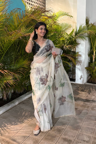 Kamal Smoke White Organza Silk Saree Kamal Smoke White Organza Silk Saree