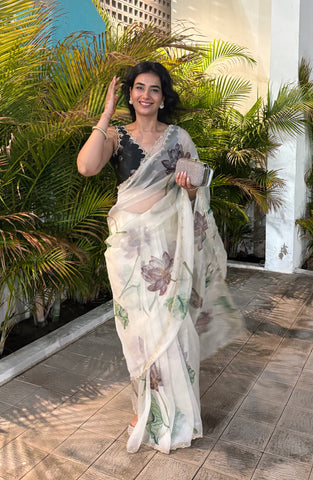 Kamal Smoke White Organza Silk Saree Kamal Smoke White Organza Silk Saree