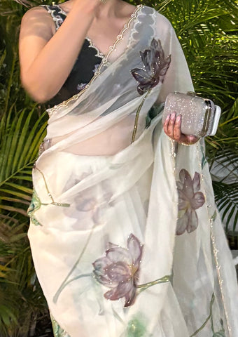 Kamal Smoke White Organza Silk Saree Kamal Smoke White Organza Silk Saree