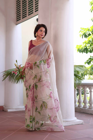 Bloom Beige Organza Silk Saree Bloom Beige Organza Silk Saree
