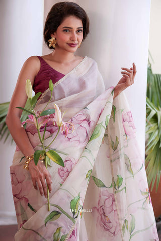 Bloom Beige Organza Silk Saree Bloom Beige Organza Silk Saree