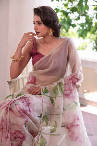 Bloom Beige Organza Silk Saree Bloom Beige Organza Silk Saree