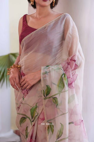 Bloom Beige Organza Silk Saree Bloom Beige Organza Silk Saree