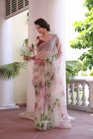 Bloom Beige Organza Silk Saree Bloom Beige Organza Silk Saree