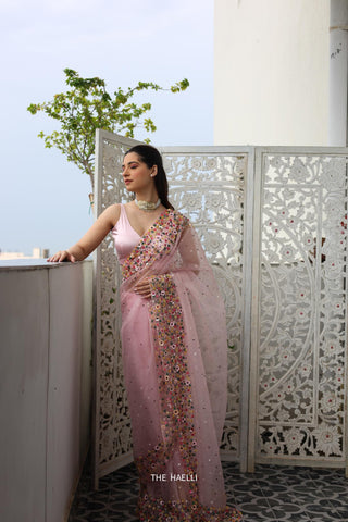 Lily Pink Double Border Organza Saree Lily Pink Double Border Organza Saree