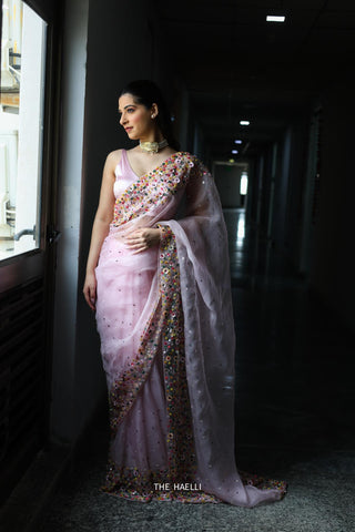 Lily Pink Double Border Organza Saree Lily Pink Double Border Organza Saree