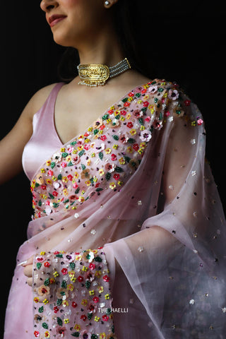 Lily Pink Double Border Organza Saree Lily Pink Double Border Organza Saree