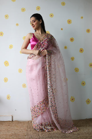Lily Pink Double Border Organza Saree Lily Pink Double Border Organza Saree