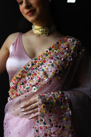 Lily Pink Double Border Organza Saree Lily Pink Double Border Organza Saree