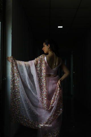 Lily Pink Double Border Organza Saree Lily Pink Double Border Organza Saree