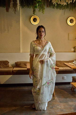 Gul White Organza Saree