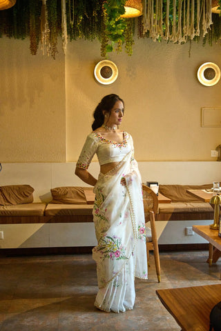 Gul White Organza Saree