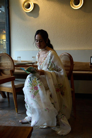 Gul White Organza Saree