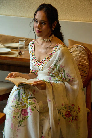 Gul White Organza Saree
