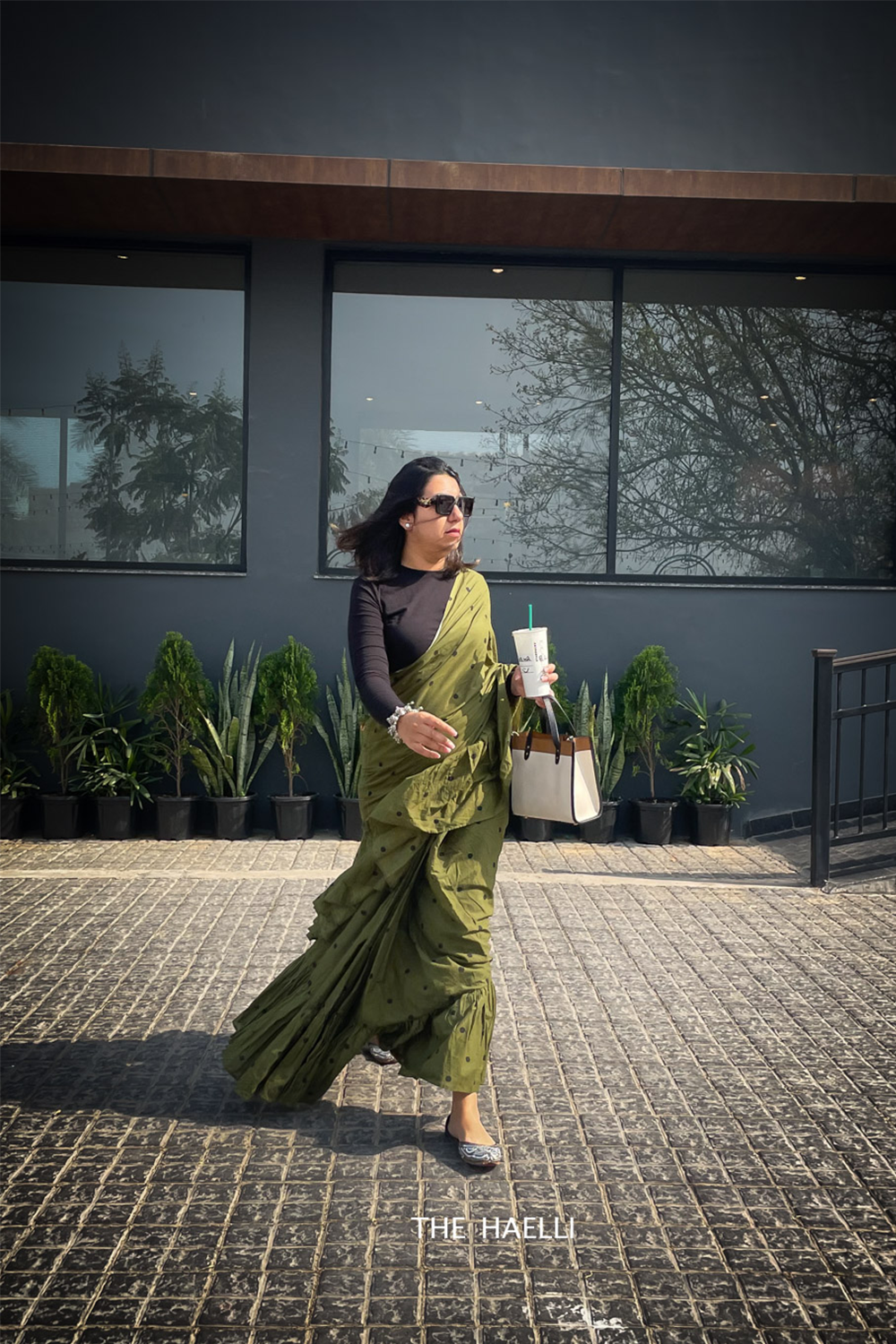 Polka Green Ruffle Cotton Saree