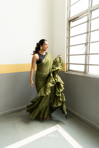 Polka Green Ruffle Cotton Saree