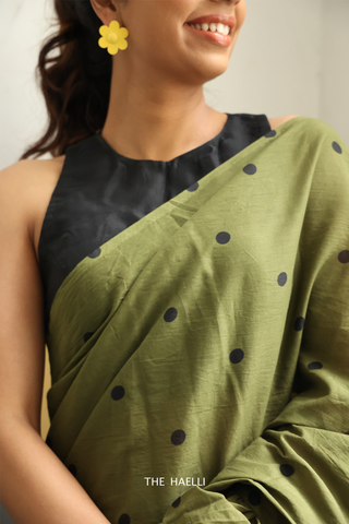 Polka Green Ruffle Cotton Saree