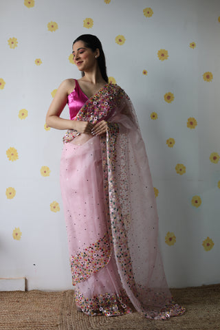 Lily Pink Double Border Organza Saree