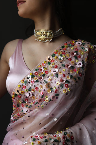 Lily Pink Double Border Organza Saree