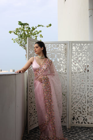 Lily Pink Double Border Organza Saree