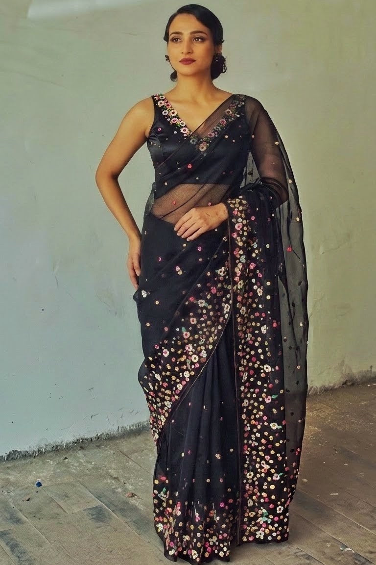 Lily Black Single Border Organza Silk Saree