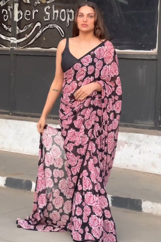 Wild Roses Black Georgette Saree