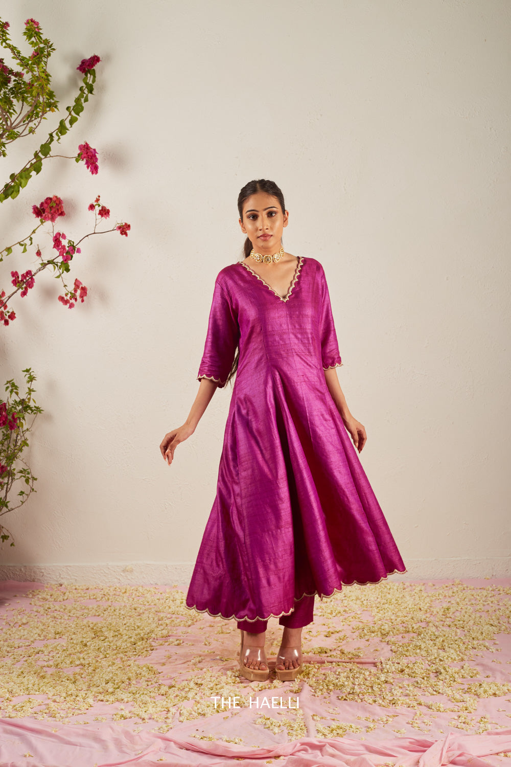 Gher Purple Tussar Silk Kurta Set