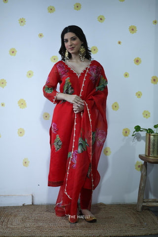 Kamal Red Organza Kurta Set