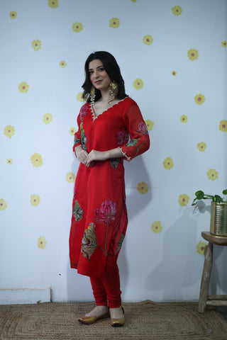 Kamal Red Organza Kurta Set