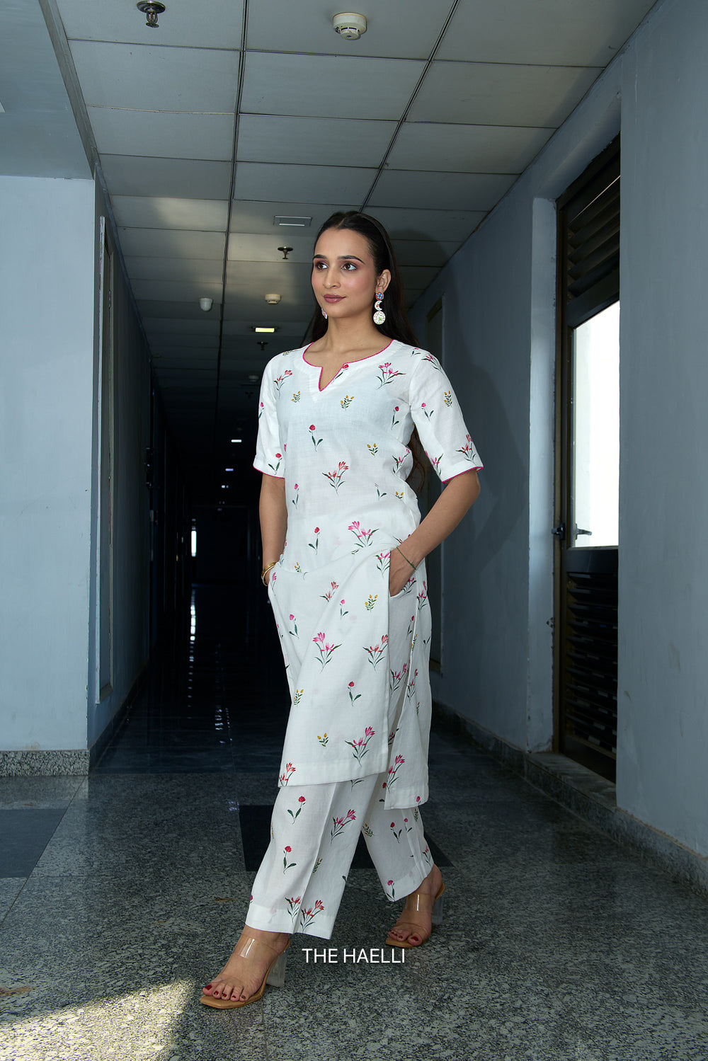 Wild Petal White Linen Kurta Set