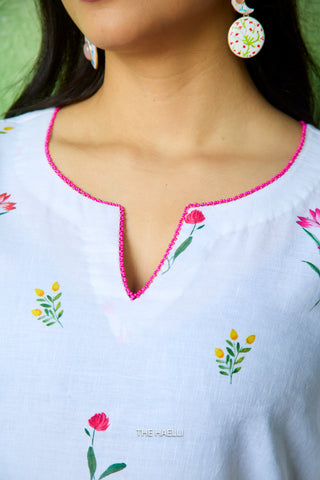 Wild Petal White Linen Kurta Set