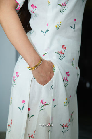 Wild Petal White Linen Kurta Set