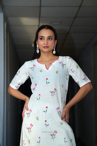 Wild Petal White Linen Kurta Set