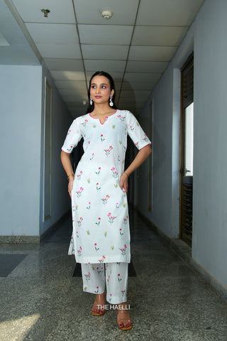 Wild Petal White Linen Kurta Set
