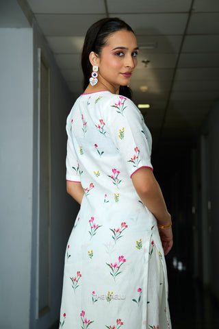 Wild Petal White Linen Kurta Set