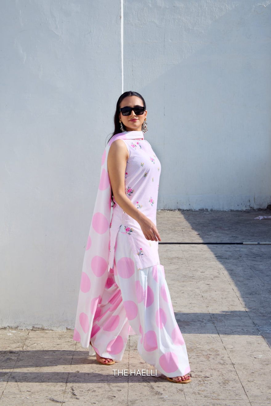 Dot Drama Pink Cotton Kurta Set